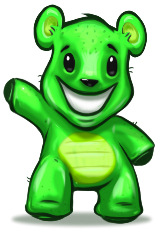 O mascote do Moveplus, um alegre urso verde de desenho animado com um sorriso no rosto, irradiando positividade e calor.