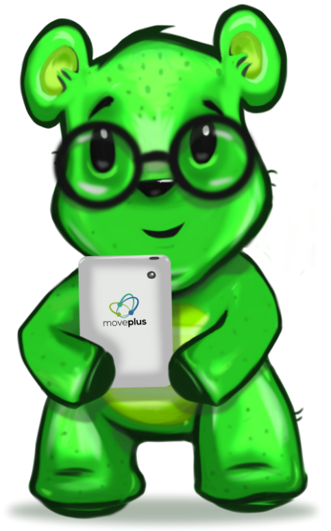 O mascote do Moveplus, um urso verde de desenho animado, usando óculos e segurando um tablet com as mãos.