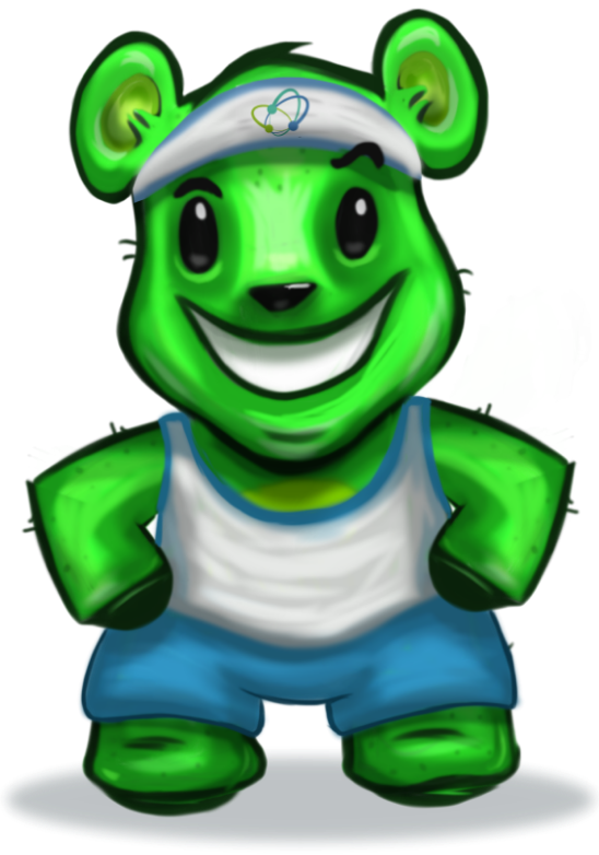 O mascote do Moveplus, um urso verde de desenho animado está vestido com roupa esportiva e feliz para começar os exercícios!